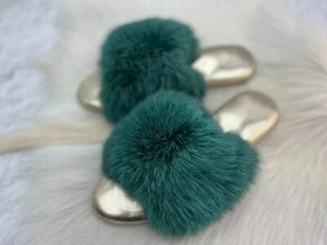 Turquoise women house leather slippers, open toe slippers, women home shoes - Picture 1 of 9