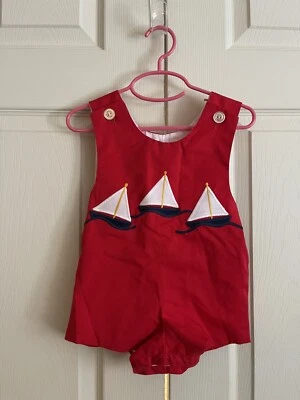 Kelly’s Kids USA Made Romper Overall Red Embroidered Sailboats Size 1 USA Made - Image 1 of 4