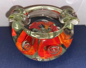 Vintage Hand Blown Art Glass Ashtray Paperweight Red Trumpet Flowers & Bubbles - Picture 1 of 6