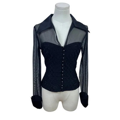 Blusa Connected Apparel para mujer negra de malla manga larga con botones talla 8 Foto 1 de 4