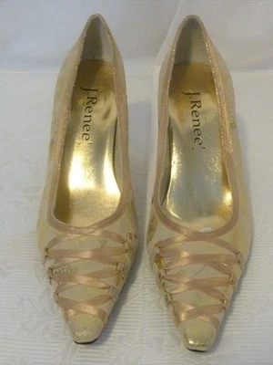 J. Renee Gold Floral Fabric Ribbon High Heels Size 8 M - Image 1 of 3