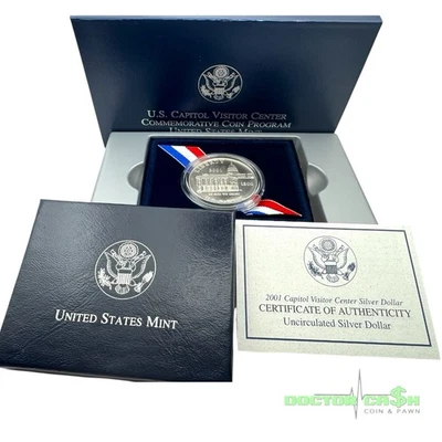 2001 US Capitol Visitor Center Uncirculated Silver Dollar with Box & COA - Image 1 of 4