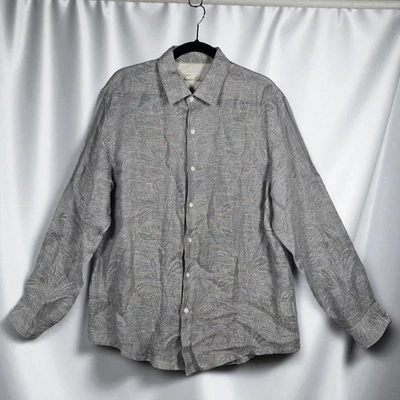 Tasso Elba Linen Shirt  Mens Large Long Sleeve Button Up Paisley Print on Gray - Image 1 of 4