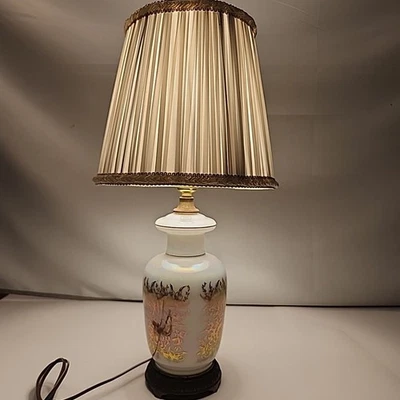 Vtg Accurate Casting Gold Floral Ornate White Iridescent Luster Glass Table Lamp - Image 1 of 4