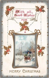 MERRY CHRISTMAS "With All Good Wishes" Horse-Drawn Carriage Postcard 1919 - Picture 1 of 1