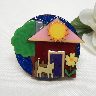 MIXED MEDIA HOUSE & CAT PIN, ECHO & HARA COLLECTIBLE PIN/ BROOCH - Image 1 of 3