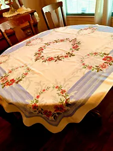 Vtg Cotton Tablecloth Pink Flowers Floral Circles Blue Border 44" x 51" MCM FrSh - Picture 1 of 12