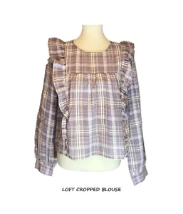 LOFT Mujeres Lavanda Mangas Largas a Cuadros Volantes Recortada Blusa Prenda para el torso M_L_XL Nueva con Etiquetas - Imagen 1 de 12
