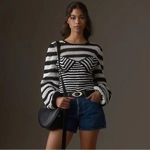Farm Rio Black White Stripes Crochet Blouse Long Sleeve Sweater Top XS NEW NWT - Picture 1 of 11