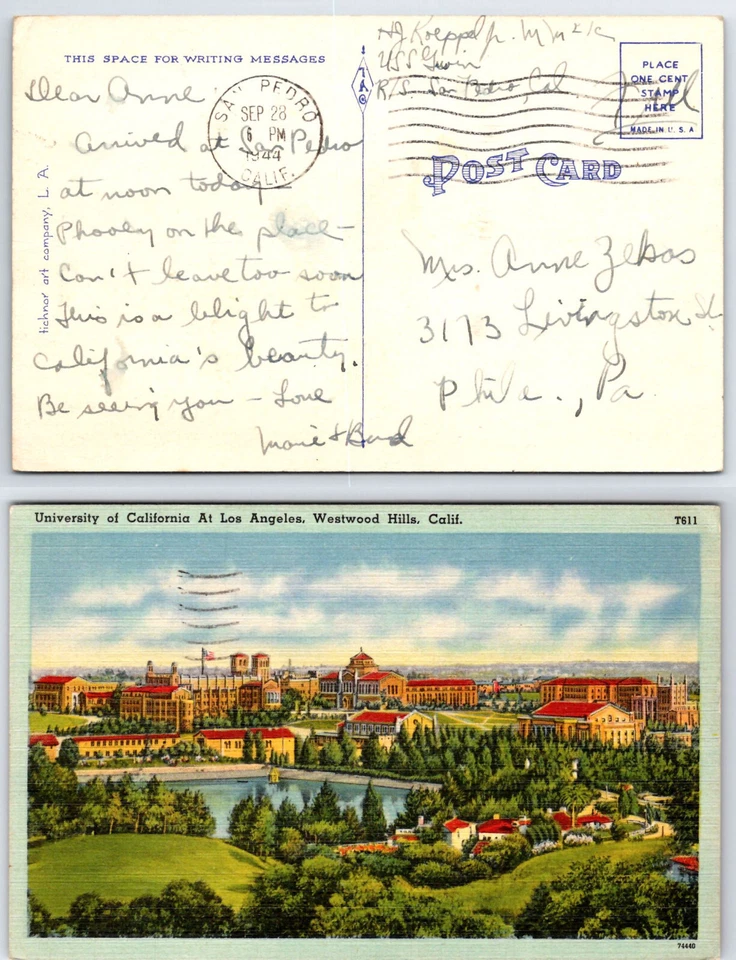 [E4] Postal Lino, Universidad de California Los Ángeles Westwood Hills Foto 1 de 2