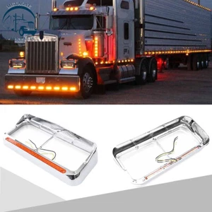2PCS Chrome Headlight Bezels w/ LED Bar For Peterbilt 378 379 Kenworth T600 T800 - Picture 1 of 10