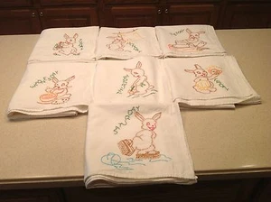Vintage Embroidered Dish Towels Days of The Week COMPLETE CLEAN Rabbits Bunnies - Picture 1 of 12