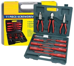 11-teiliges Schraubendreher-Zangenset Spannungsprüfer Kreuzschlitzgehäuse plus minus flach - Bild 1 von 3