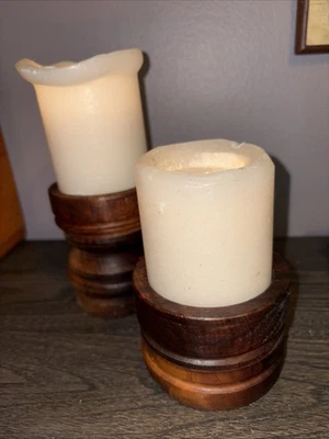 TOMMY BAHAMA Wood  2 pc Set Candle Holders Pillars Quality Solid 2.75” & 4” - Image 1 of 4