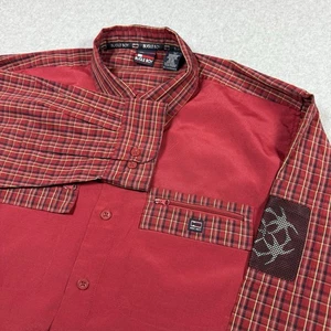 Bugle Boy Shirt Mens Large VTG 90s Patchwork Plaid Zipper Pocket Crimson Red - Picture 1 of 6