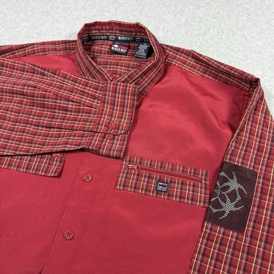 Bugle Boy Shirt Mens Large VTG 90s Patchwork Plaid Zipper Pocket Crimson Red - Image 1 of 4