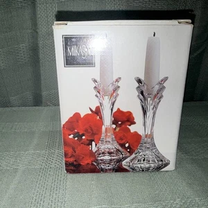 2 MIKASA Candle Holders Art Deco Tulip Lead Crystal 5” Tall Brand New Fast Ship - Picture 1 of 6
