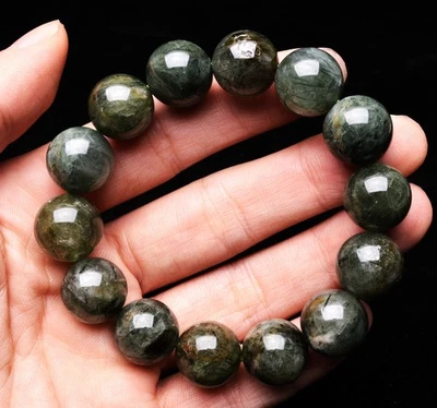 15mm Natural Green Hair Rutilated Crystal Gemstone Round Beads Bracelet AAA - Image 1 of 4