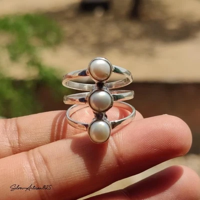 Pearl Gemstone Ring: 925 Sterling Silver Handmade Boho Jewelry Ring All Size - Image 1 of 4