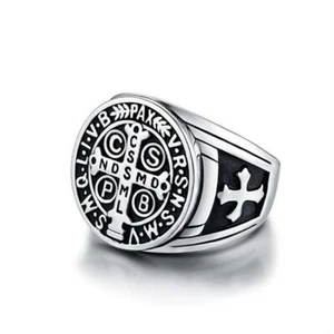 Herren Katholischer Heiliger Benedikt Kreuz Ring Edelstahl Exorzismus Medaille - Bild 1 von 9