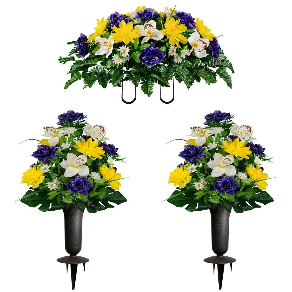 Artificial Arrangement - Yellow Dahlia & Purple Roses w/ White Orchid - Image 1 of 1