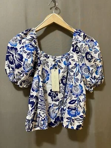 NWT Rachel Zoe Women Short Sleeve Linen Rayon Crop Top Size S White Blue Floral - Picture 1 of 12