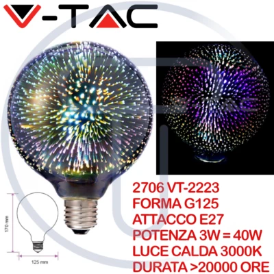 V-TAC VT-2223 2706 Lampadina LED E27 3W G125 Effetto 3D Luce Calda 3000K Globo - Immagine 1 di 4