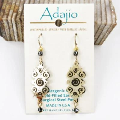 Brincos Adajio preto gota longa com sobreposição espiral folheada a ouro brilhante 7866 - Imagem 1 de 3