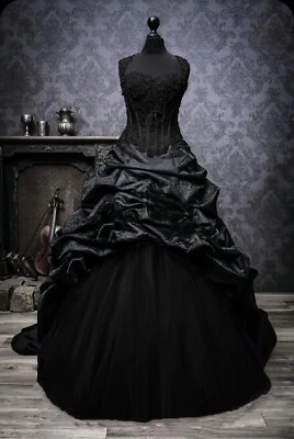 Vestidos de novia góticos vintage victorianos negros jacquard tafetán años 60 vestidos de baile Foto 1 de 4