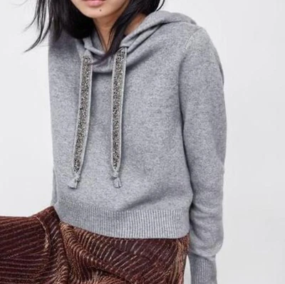 ZARA KNIT Mid-Weight GRAY Crystal Drawstring CROPPED Banded Hem HOODIE Sweater M - Image 1 of 4