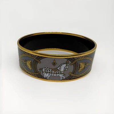 Hermes Vintage Goldtone Enamel Bangle Bracelet 1" Wide Horse 2.75 in Diameter - Image 1 of 4