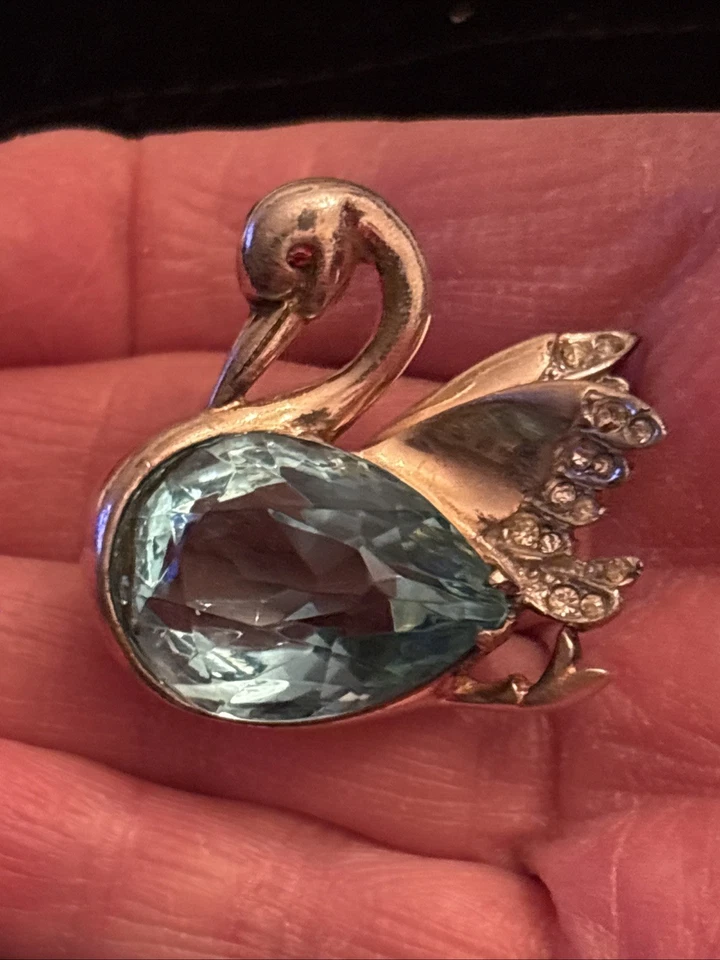 Vintage Sign REJA Sterling Gold Wash Crystals Topaz Color Glass Swan Brooch  - Image 1 of 4