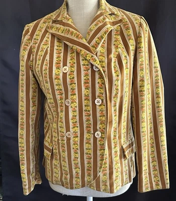 Blazer Vintage Para Mujer Hecho en Unión Terciopelo Mostaza Floral Doble Pecho Foto 1 de 4