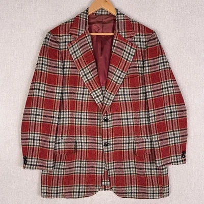 Vintage 60s College Hall Tweed Wool Sport Coat Blazer 42R Red Plaid Full Canvas - Image 1 of 4