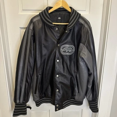 Chaqueta Bomber Vintage Retro Ecko Unltd Cuero Negro/Gris Talla L Reversible Foto 1 de 4