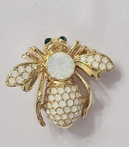 Vintage Joan Rivers Green Eyes Bee Rhinestones Faux Opal Brooch. AR - Picture 1 of 11