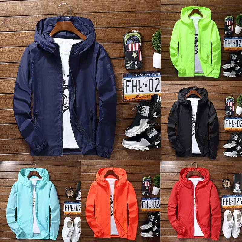 Sports Men's Jacket Light Coat Hoodie Tops Windbreaker ZIPPER Waterproof Outwear - Image 1 of 4