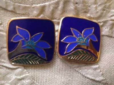 Laurel Burch Earrings WILD LILY Cobalt Blue Square Cloisonne Stud  - Image 1 of 2
