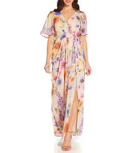 NWT $248 Adrianna Papell Floral V-Neck Pleated Front Slit Faux Wrap Gown 4 - Picture 1 of 6