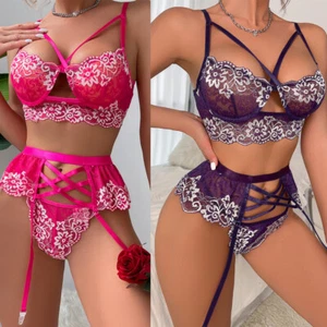 Women Sexy Lingerie Set Lace Teddy Babydoll Bodysuit Garter Belts Push Up Set - Picture 1 of 20