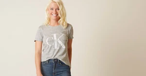 Women's CALVIN KLEIN LOGO BOXY TEE T SHIRT  $45  LIGHT GREY GRAY HEATHER NEW - Picture 1 of 1