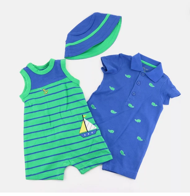 Little Me Boy's 3-piece Romper and Hat Set Size 6 Months Blue / Green