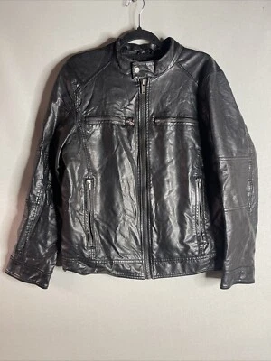 GUESS Men's Faux Leather Moto Black Jacket - Size Medium No Zipped In Hood - Image 1 of 4