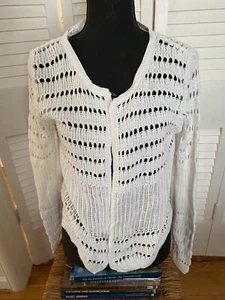 delia*s White Loose Knit Crochet Sleeve Sweater Cardigan Ladies Medium M - Picture 1 of 10