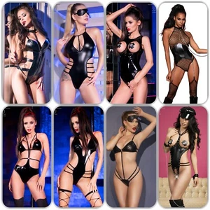 Remaches de cuero Catsuit Wetlook lacado cuerpo látex negro abierto gótico BDSM fetiche - Imagen 1 de 37