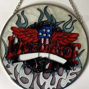 Motorcycle Stained Glass "Live To Ride" Hanging Window Decoration 6.75 inch - Picture 1 of 3