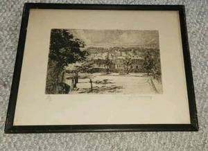 Antique Etching Print Landscape Cityscape Signed Framed - Picture 1 of 9