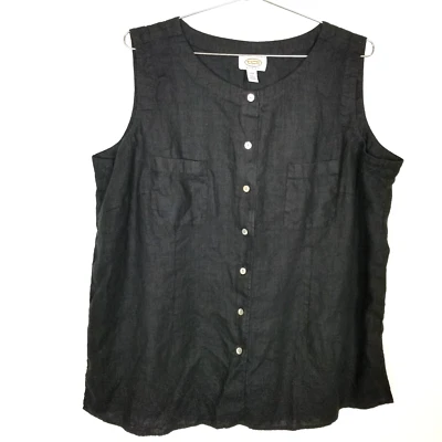 Talbots Womens  Linen Top And Pants 2Ps Set  Size 22W Button Up Black Summer - Image 1 of 4