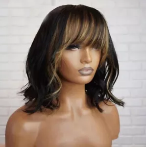 Bangs Wig for Women Short Shoulder Lace Wig Honey Blonde Highlights Human Hair - Picture 1 of 4