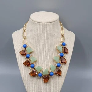 J.Crew Statement Necklace Gold Tone Chunky Blue Green Brown 18" - Picture 1 of 10
